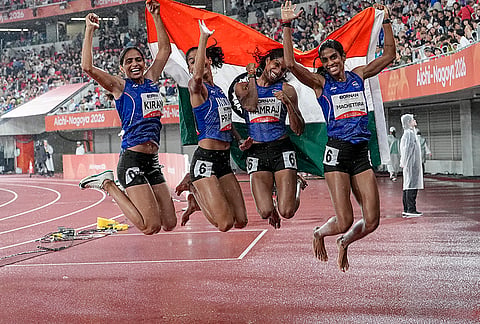 India’s Kiran, Prachi, Poovama Machettira, and Vithya Ramraj celebrates after winning gold medal in the women's 4 x 400 relay final event in the ongoing Asian Games 2026, in Nagoya, Japan, Tuesday, Sept. 29, 2026. 
