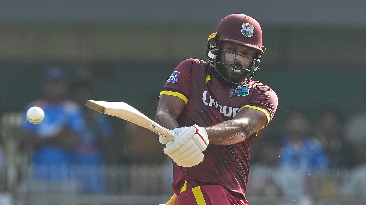 West Indies' John Campbell plays a shot during the second one-day international cricket match between India and West Indies in Guwahati, India, Wednesday, Sept. 30, 2026. - (AP Photo/ Anupam Nath)