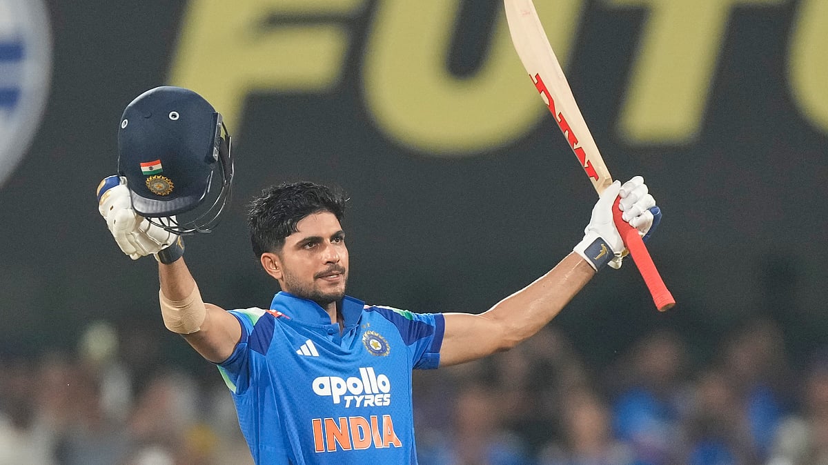 India's captain Shubman Gill celebrates his century during the second one-day international cricket match between India and West Indies in Guwahati, India, Wednesday, Sept. 30, 2026 - (AP Photo/ Anupam Nath)