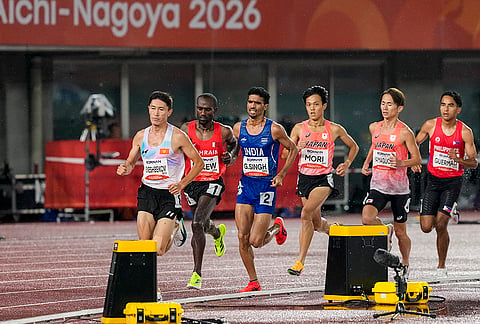 India’s Gulveer Singh, Japan's Nagiya Mori, Barhain's Birhanu Balew and others compete in men’s 5000 meter final event in the ongoing 20th Asian Games 2026, in Nagoya, Japan, Tuesday, Sept. 29, 2026. 
