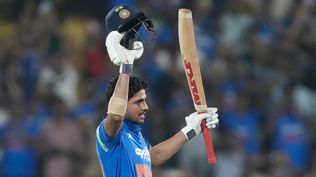 India's captain Shubman Gill celebrates after scoring a double century during the second one-day international cricket match between India and West Indies in Guwahati, India, Wednesday, Sept. 30, 2026 - (AP Photo/ Anupam Nath)