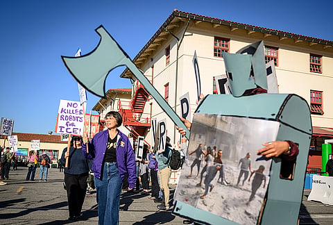 AI protesters gather outside the OpenAI DevDay 2026 conference in San Francisco, on Tuesday, Sept 29, 2026. 
