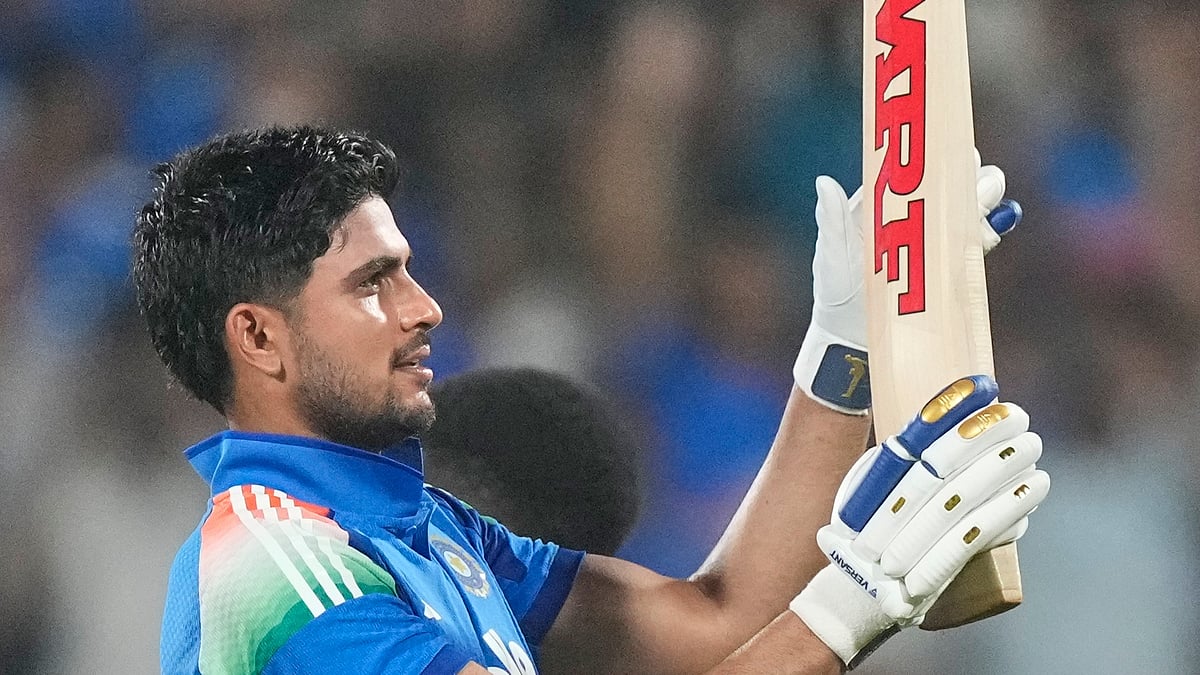 India's captain Shubman Gill celebrates after scoring a double century during the second one-day international cricket match between India and West Indies in Guwahati, India, Wednesday, Sept. 30, 2026 - (AP Photo/ Anupam Nath)
