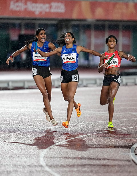India’s Poovama Machettira, right, and Vithya Ramraj celebrate after winning gold medal in the women's 4 x 400 meter relay final in the ongoing Asian Games 2026, in Nagoya, Japan, Tuesday, Sept. 29, 2026.
