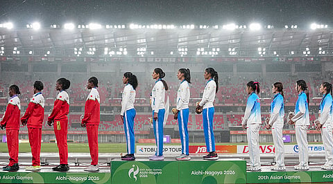 India’s Kiran, Prachi, Poovama Machettira, and Vithya Ramraj during medal ceremony after winning gold medal, along with Bahrain's and China's players who won silver and gold medal respectively in the women's 4 x 400 relay final in the ongoing Asian Games 2026, in Nagoya, Japan, Tuesday, Sept. 29, 2026. 