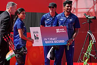 | Photo: AP/Eugene Hoshiko : India's Sahil Rajesh Jadhav, right, and Chikitha Taniparthi, front left, celebrate as they are qualified for the 2028 Olympics after winning over South Korea in the compound mixed team final in archery at the Asian Games in Okazaki, Japan, Wednesday, Sept. 30, 2026. 