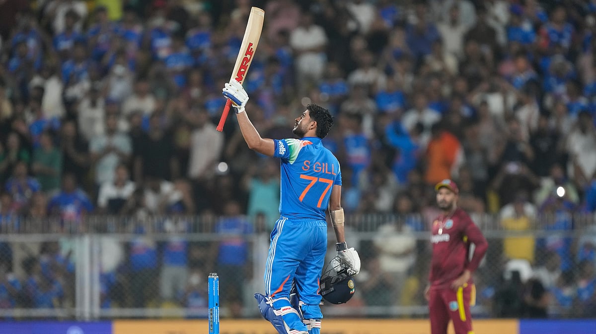 India's captain Shubman Gill celebrates after scoring a double century during the second one-day international cricket match between India and West Indies in Guwahati, India, Wednesday, Sept. 30, 2026 - (AP Photo/ Anupam Nath)