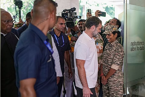 Lok Sabha LoP Rahul Gandhi arrives for the INDIA bloc meeting to finalise an action plan for a joint agitation over alleged irregularities in the SIR exercise and to press for CEC Gyanesh Kumar's resignation, in New Delhi.