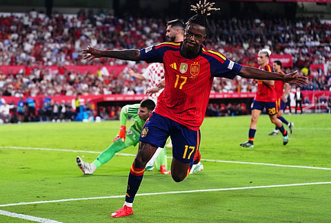Spain's Nico Williams celebrates after scoring his side's fourth goal during the Nations League soccer match between Spain and Croatia in Seville, Spain.