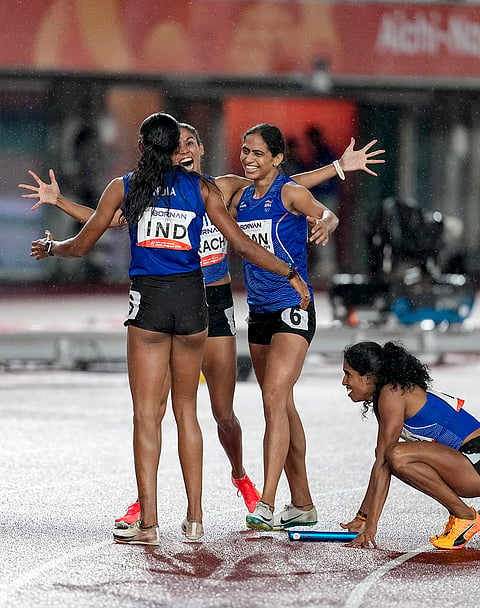 India’s Kiran, Prachi, Poovama Machettira, and Vithya Ramraj celebrate after winning gold medal in the women's 4 x 400 relay final event in the ongoing Asian Games 2026, in Nagoya, Japan, Tuesday, Sept. 29, 2026. 
