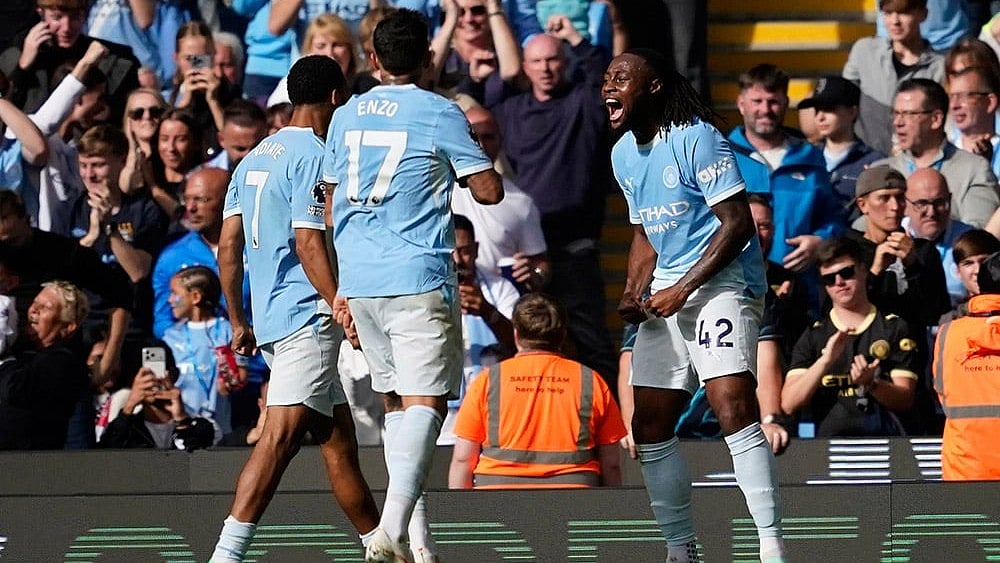 Manchester City's Antoine Semenyo, celeebrates after scoring fourth goal during the English Premier League soccer match between Manchester City and Sunderland in Manchester, England. - | Photo: AP/Dave Thompson
