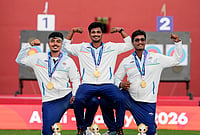 | Photo: PTI/Arun Sharma : Gold medallist, from left, India's Kushal Dalal, Sahil Jadhav and Ganesh Mani Ratnam Thirumuru pose for photographers during the medal ceremony for the compound men's team archery event at the 20th Asian Games, in Nagoya, Japan, Wednesday, Sept. 30, 2026. 
