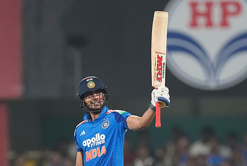 India's captain Shubman Gill celebrates after scoring one hundred and fifty runs during the second one-day international cricket match between India and West Indies in Guwahati, India, Wednesday, Sept. 30, 2026.
