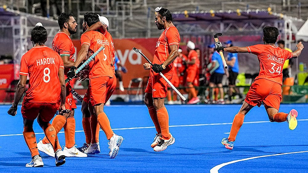 India's Abhishek, 5, celebrates with teammates after scoring a goal during a men's semifinal hockey match between India and Pakistan, at the ongoing 20th Asian Games, in Kakamigahara, Japan, Thursday, Oct. 1, 2026. - | Photo: PTI/Atul Yadav