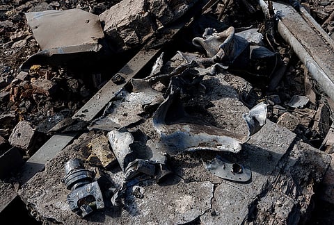 Fragments of a rocket lie on the ground following a Russian missile strike on Vyshhorod, Kyiv region, Ukraine, Wednesday, Sept. 30, 2026. 

