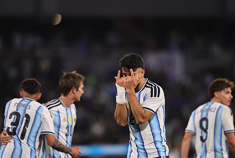 Argentina's Jose Manuel Lopez celebrates scoring his side's 4th goal against Bolivia during an international friendly soccer match in Cordoba, Argentina, Wednesday, Sept. 30, 2026. 