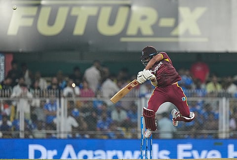 West Indies' Amir Jangoo plays a shot during the second one-day international cricket match between India and West Indies in Guwahati, India, Wednesday, Sept. 30, 2026.