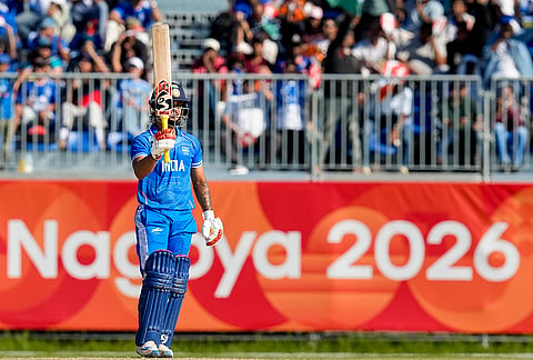 India's Ishan Kishan celebrates his half century during the second semifinal T20I cricket match between India and Sri Lanka, at the 20th Asian Games, in Nisshin, Japan, Thursday, Oct. 1, 2026. 
