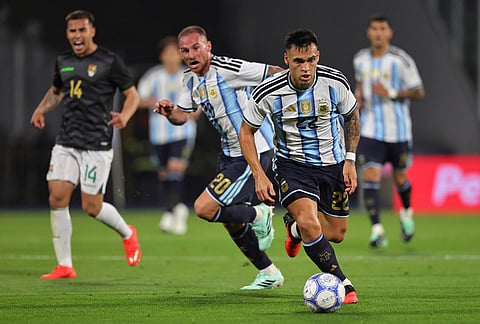 Argentina's Lautaro Martinez controls the ball during an international friendly soccer match against Bolivia in Cordoba, Argentina, Wednesday, Sept. 30, 2026. 