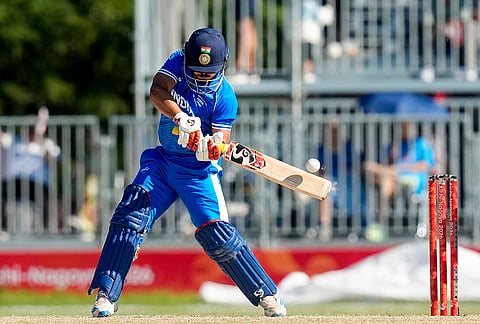 India's Ishan Kishan plays a shot during the second semifinal T20I cricket match between India and Sri Lanka, at the 20th Asian Games, in Nisshin, Japan, Thursday, Oct. 1, 2026. 