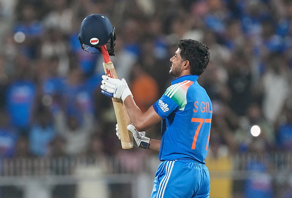 Shubman Gill celebrates after scoring a double century