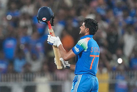 India's captain Shubman Gill celebrates after scoring a double century during the second one-day international cricket match between India and West Indies in Guwahati, India, Wednesday, Sept. 30, 2026.
