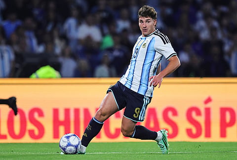 Argentina's Julian Alvarez controls the ball during an international friendly soccer match against Bolivia in Cordoba, Argentina, Wednesday, Sept. 30, 2026. 