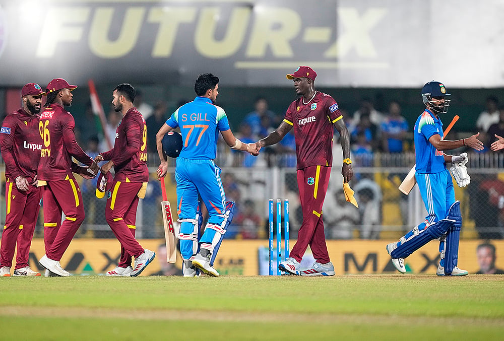 | Photo: AP/ Anupam Nath : Indias captain Shubman Gill shakes hands with West Indies players after winning the match between India and West Indies in Guwahati, India, Wednesday, Sept. 30, 2026.