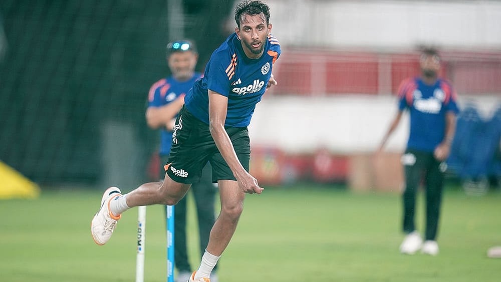 Indian pacer Prasidh Krishna bowls during the Indian team's net session ahead of the ODI series against the West Indies. - AP