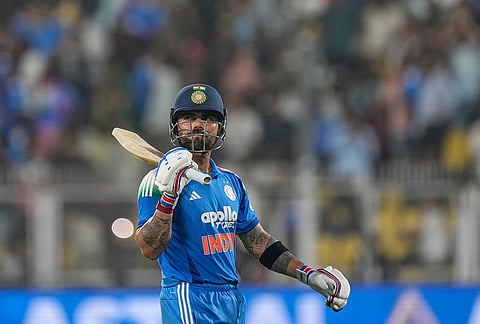 India's Virat Kohli leaves the ground after losing his wicket during the second one-day international cricket match between India and West Indies in Guwahati, India, Wednesday, Sept. 30, 2026.