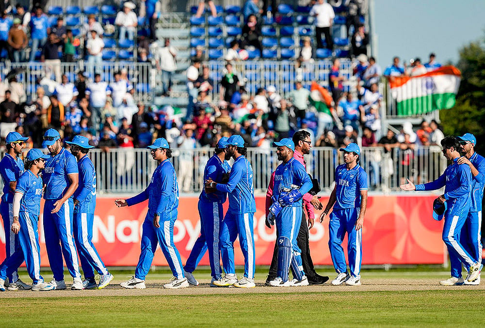 | Photo: PTI/Arun Sharma : Indias players celebrate after winning the second semifinal T20I cricket match between India and Sri Lanka, at the 20th Asian Games, in Nisshin, Japan, Thursday, Oct. 1, 2026. 