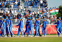 | Photo: PTI/Arun Sharma : India's players celebrate after winning the second semifinal T20I cricket match between India and Sri Lanka, at the 20th Asian Games, in Nisshin, Japan, Thursday, Oct. 1, 2026. 