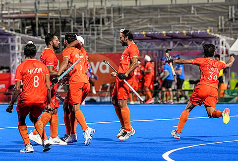 India's Abhishek, 5, celebrates with teammates after scoring a goal during a men's semifinal hockey match between India and Pakistan, at the ongoing 20th Asian Games, in Kakamigahara, Japan, Thursday, Oct. 1, 2026.