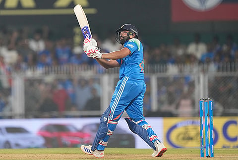 India's Rohit Sharma hits a six during the second one-day international cricket match between India and West Indies in Guwahati, India, Wednesday, Sept. 30, 2026.