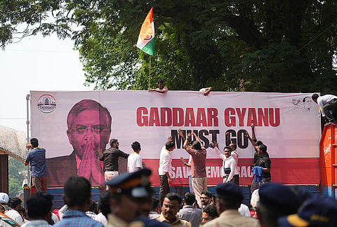 Supporters of the Cockroach Janta Party shout slogans during a protest against Chief Election Commissioner Gyanesh Kumar and call for the suspension of the Special Intensive Revision (SIR) of electoral rolls in Mumbai, Friday, Oct. 2, 2026. 
