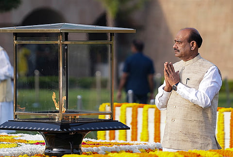 Lok Sabha Speaker Om Birla pays tribute to Mahatma Gandhi on his 157th birth anniversary, at Raj Ghat, in New Delhi, Friday, Oct. 2, 2026. 
