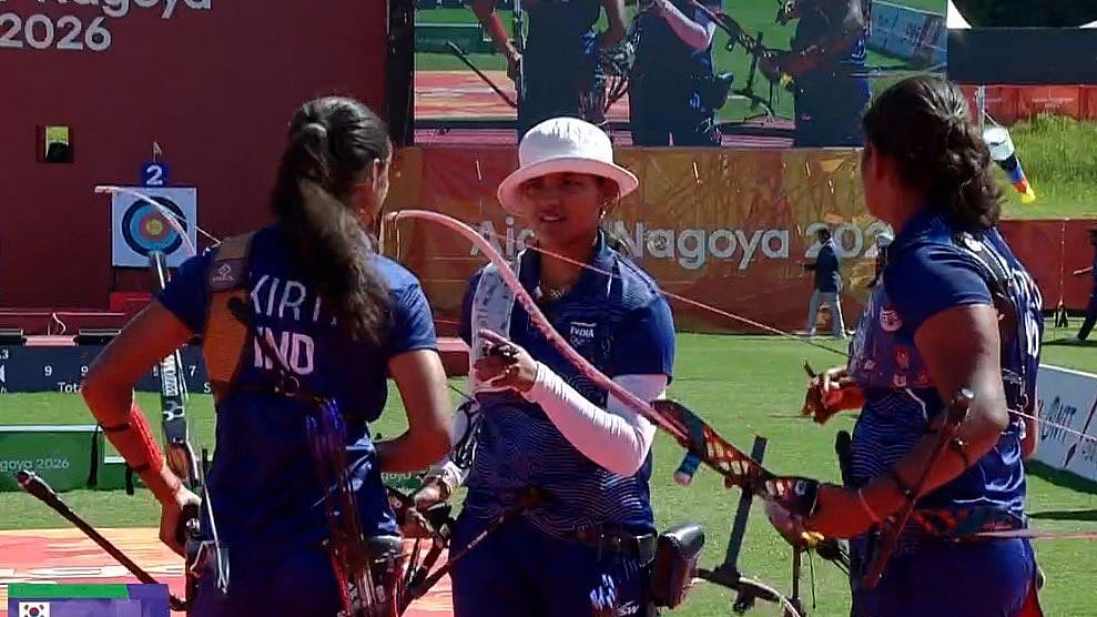 Ankita Bhakat, Kirti, and Kumkum Mohod in action during Asian Games 2026 Women's Recurve Team Archery Final.  - Sony Sports Network 