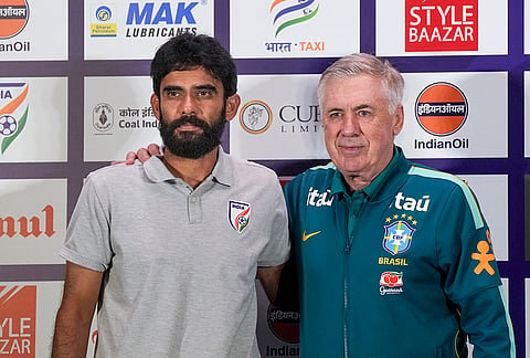 India’s national football team head coach Khalid Jamil with Brazil's national football team head coach Carlo Ancelotti during a press conference ahead of the India and Brazil International Friendly match, in Kolkata, West Bengal.