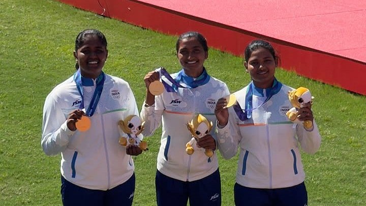 India's recurve women's team defeated South Korea 5-3 to capture a maiden Asian Games gold. - virenrasquinha/X