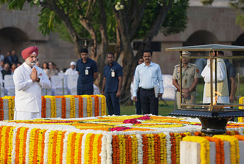 Delhi Lt. Governor Taranjit Singh Sandhu pays tribute to Mahatma Gandhi on his 157th birth anniversary, at Raj Ghat, in New Delhi, Friday, Oct. 2, 2026. 
