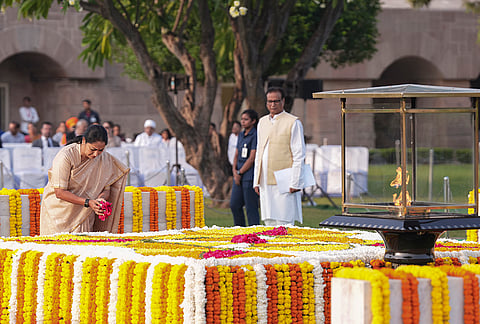 Delhi Chief Minister Rekha Gupta pays tribute to Mahatma Gandhi on his 157th birth anniversary, at Raj Ghat, in New Delhi, Friday, Oct. 2, 2026. 
