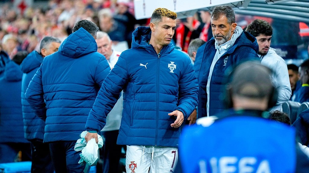 Portugal's Cristiano Ronaldo starts on the bench during a Nations League soccer match between between Norway and Portugal, in Oslo. - Cornelius Poppe/NTB Scanpix via AP