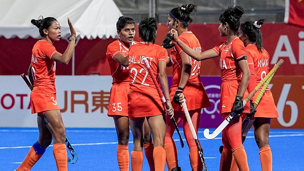 India's players celebrate a goal during the women's final gold medal Hockey match against China in the ongoing Asian Games 2026, in Gifu, Japan, Friday, Oct. 2, 2026.  - | Photo: PTI