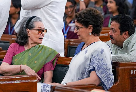 Congress MPs Sonia Gandhi, Priyanka Gandhi Vadra and Rajeev Shukla during a tribute paying ceremony to Mahatma Gandhi and former prime minister Lal Bahadur Shastri on their birth anniversaries, at the Central Hall of Samvidhan Sadan, in New Delhi, Friday, Oct. 2, 2026. 