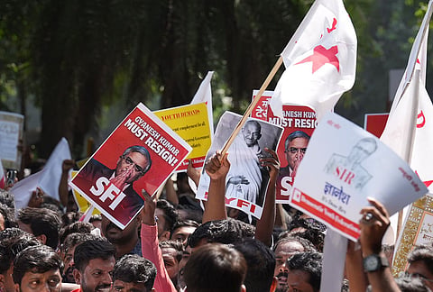 People stage a protest against the CEC near the Jantar Mantar, in New Delhi, Friday, Oct. 2, 2026. 