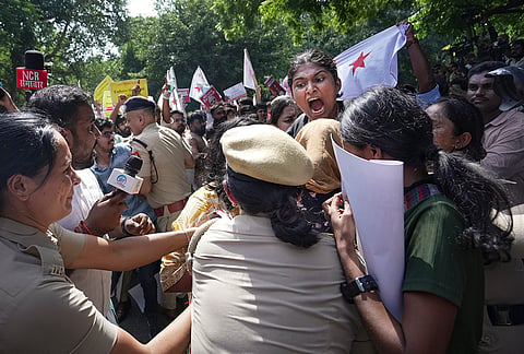 People stage a protest against the CEC near the Jantar Mantar, in New Delhi, Friday, Oct. 2, 2026. 
