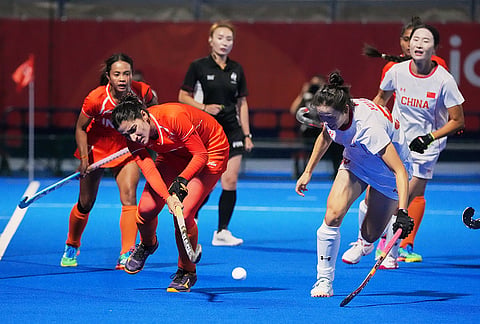 India's Shilpi Dabas, right, in action against team China during the women's hockey gold medal match at the Asian Games in Gifu, Japan, Friday, Oct. 2, 2026. 