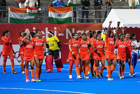 Team India players celebrate their win against team China after the women's hockey gold medal match at the Asian Games in Gifu, Japan, Friday, Oct. 2, 2026. 
