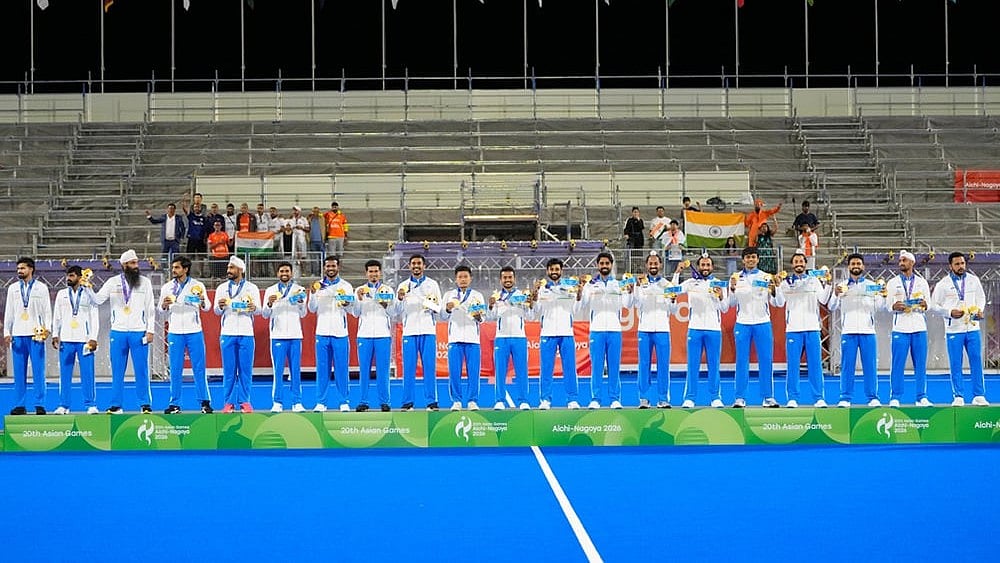 Gold medalist India celebrate during the men's hockey medal ceremony at the Asian Games in Gifu, Japan, Saturday, Oct. 3, 2026.  - | Photo: AP/Dita Alangkara