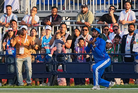 India's Tilak Verma takes a catch to dismiss Pakistan's Abdul Samad during the gold medal cricket match between India and Pakistan at the Asian Games in Nagoya, Japan, Saturday, Oct. 3, 2026. 